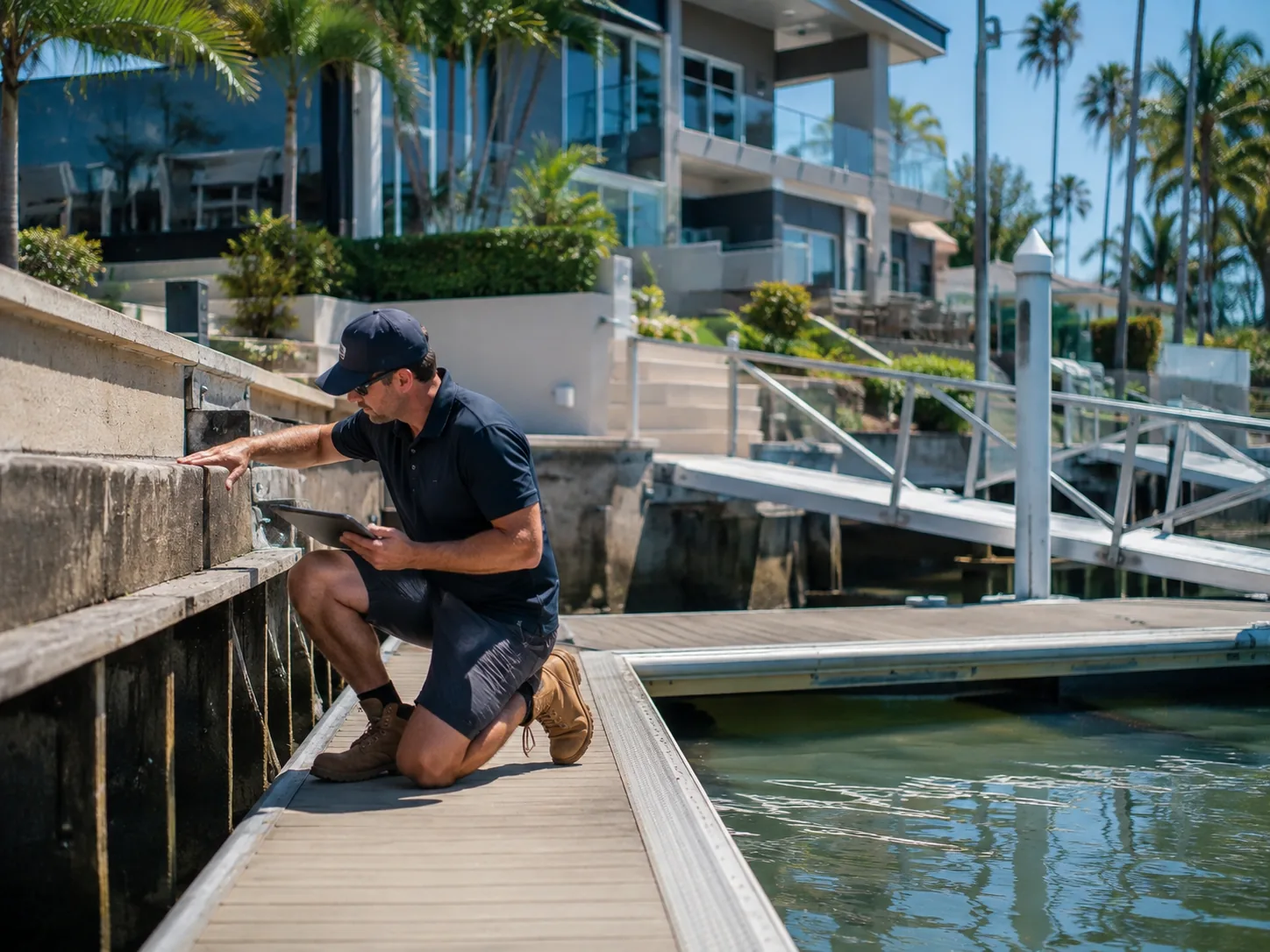 Professional inspecting a waterfront wall, dock and access structure