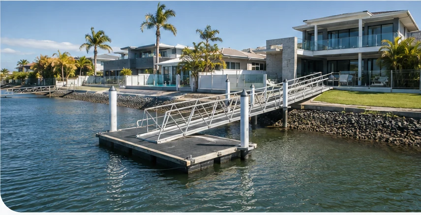 Gold Coast style canal home with private pontoon, gangway and guide piles