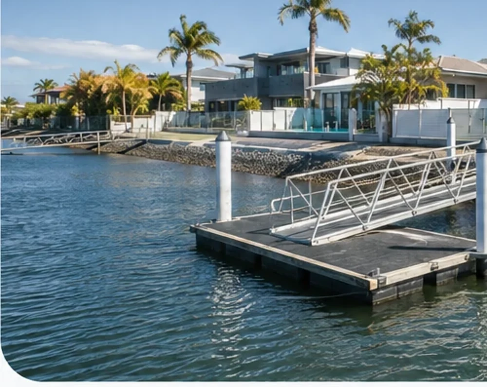 Gold Coast style waterfront revetment wall beside residential canal homes